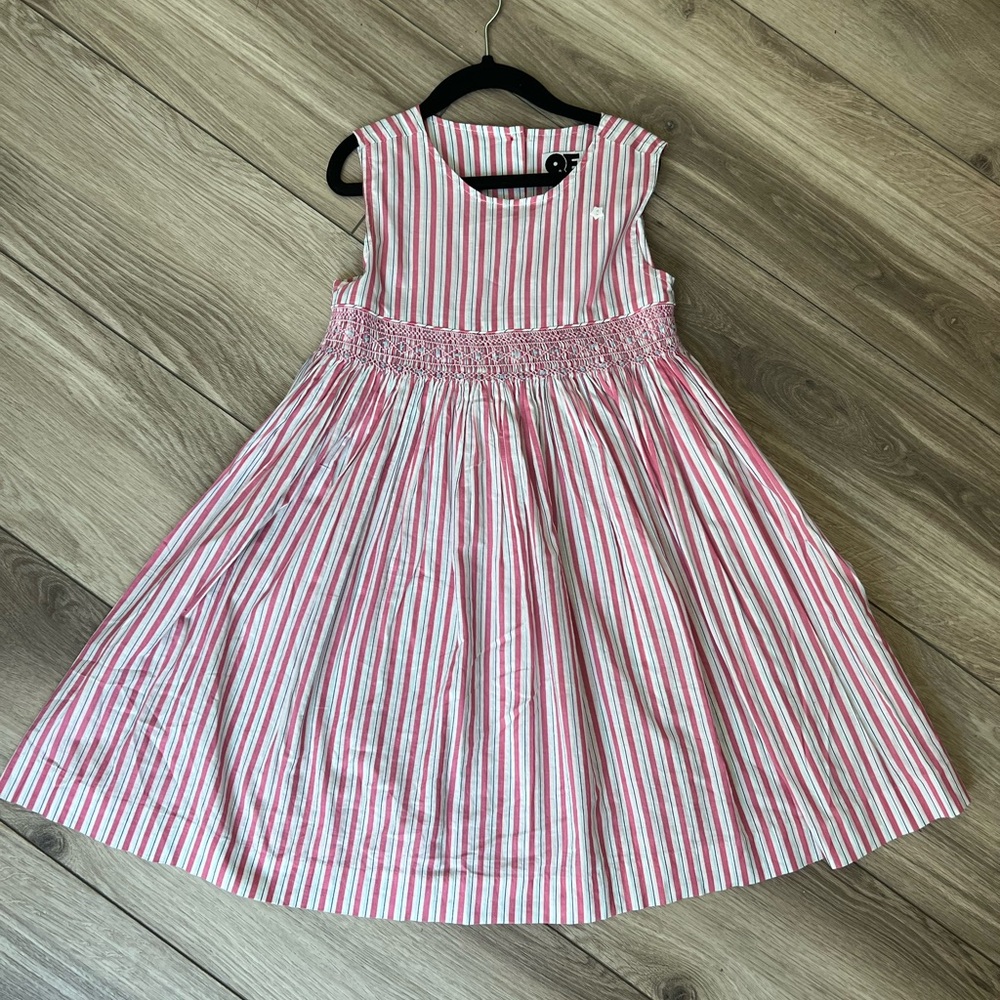Question everything girls striped pink dress with red heart buttons. EUC